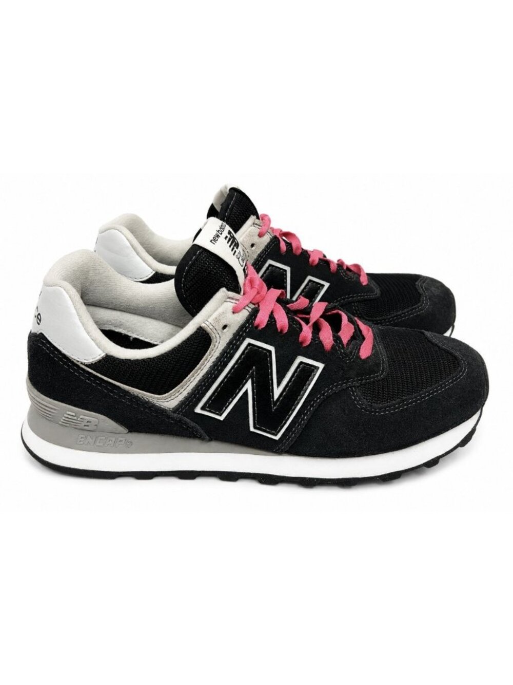 New Balance 574 Sneakers Womens 8 Black Suede Pink Laces Retro Running Athletic